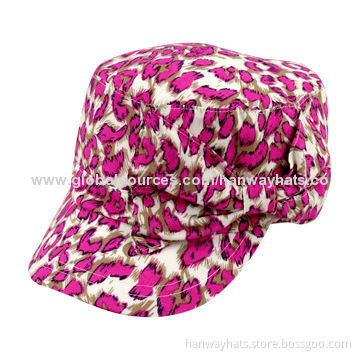 Floral-printed military hats with self large bow trim